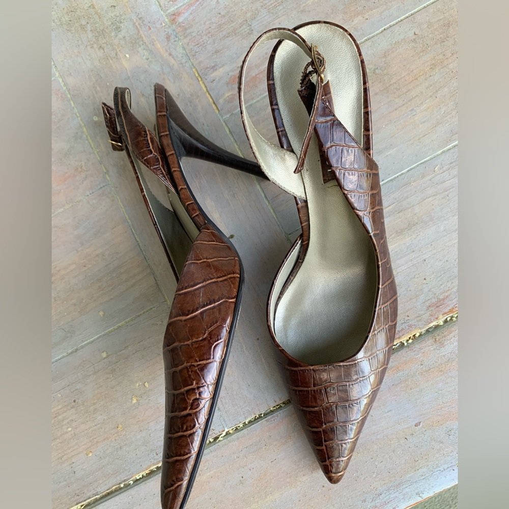 Nine West Brown Mock Croc-Embossed leather Strappy backless  Heels Size :8 - Picture 8 of 9